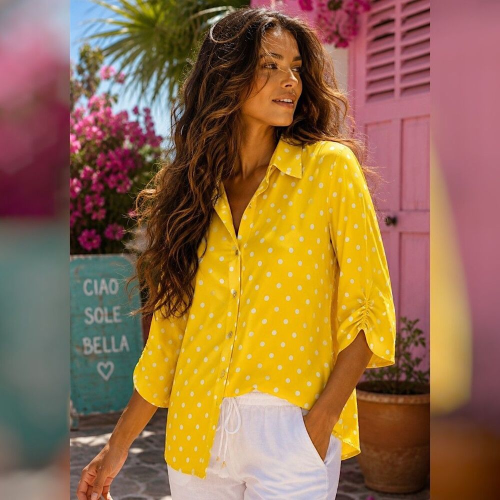 Susan Graver 1X Yellow Bold Polka Dot Blouse Coastal European Summer Button Top